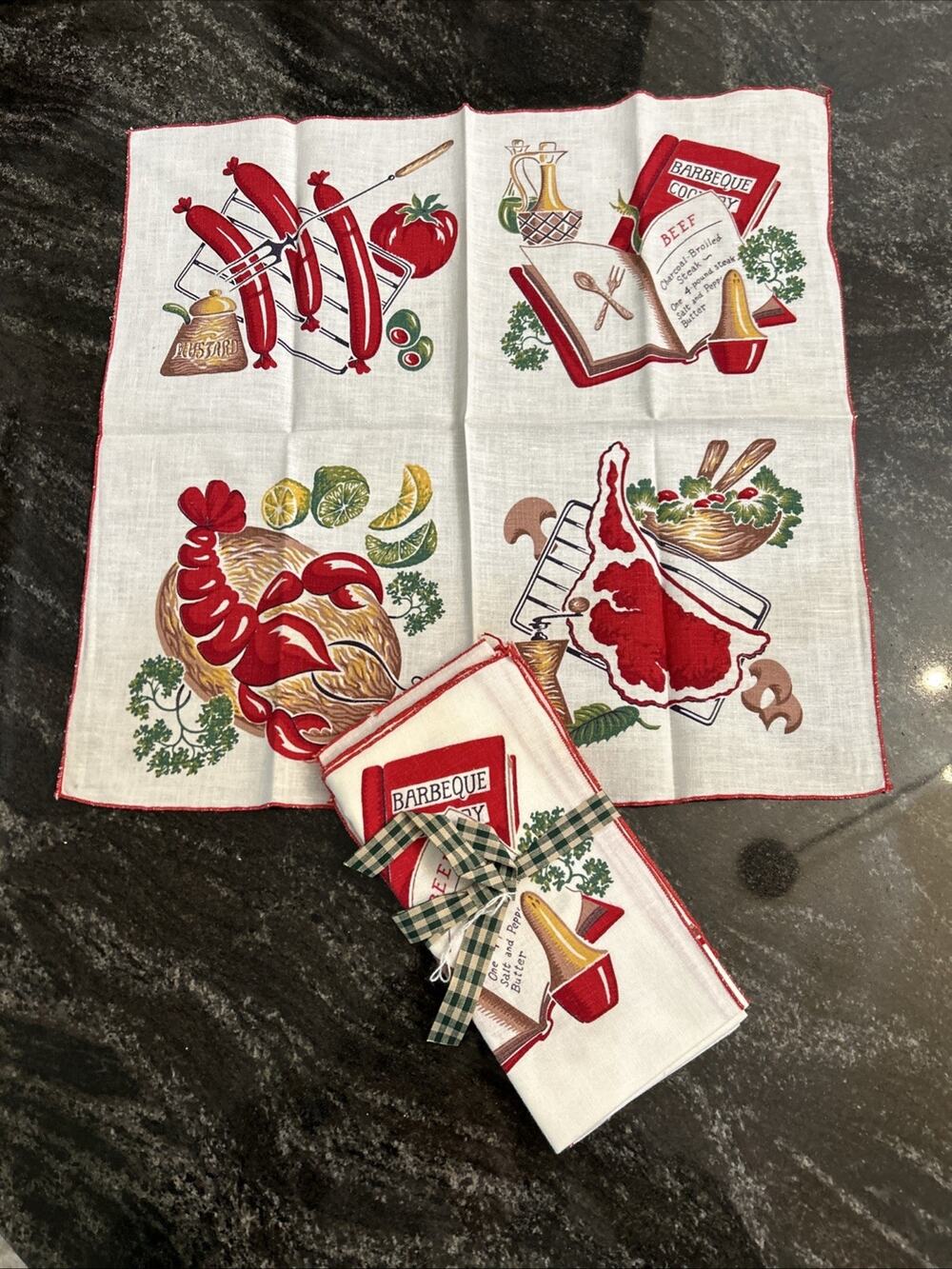 Lot of 4 Vintage MCM Napkins Lobster Beef Steak BBQ Picnic Picnic *FLAW*